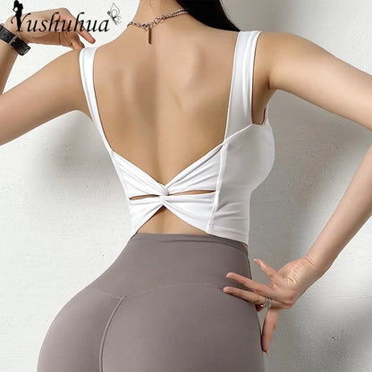 Sexy Big Backless Sports Top For Women Gym Yoga Crop Top U collar Fitness Push Up Underwear Activewear Run Tank Top Sport Vest