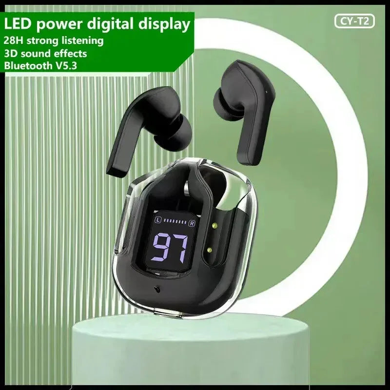 Original T2 Wireless Bluetooth Earphone Transparent HIFI Headphones LED Power Digital Display Stereo Sound Earphones