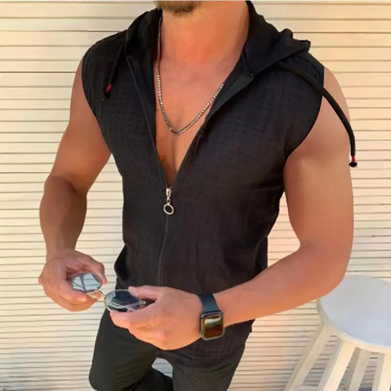 New men's fashion Summer Beach wind Sleeveless zipper hooded T-shirt Casual beach Tank hooded beach Sun-protective clothing