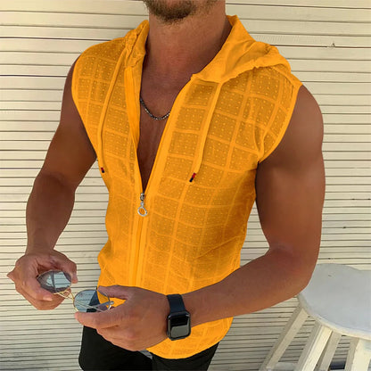 New men's fashion Summer Beach wind Sleeveless zipper hooded T-shirt Casual beach Tank hooded beach Sun-protective clothing