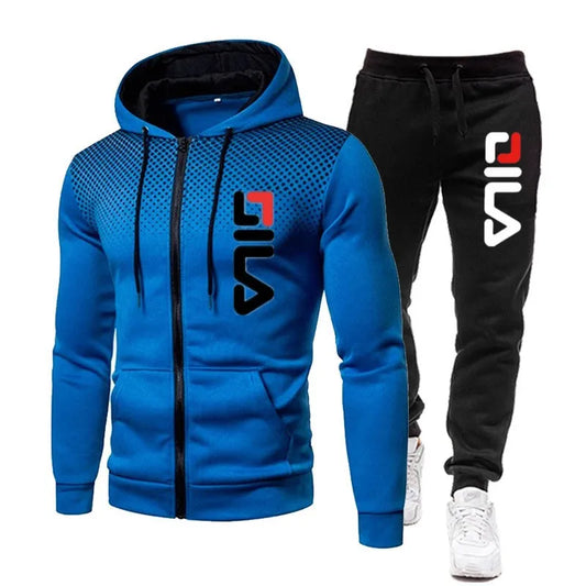 Mens Tracksuits+Sweatpants Two Pieces Suits Winter Print Zipper Hooded Sweatshirt Casual Fitness Jogging Sports Pants Sets