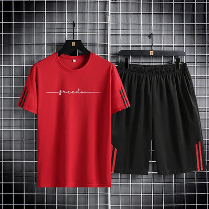 【 M-5XL 】 Summer men's set 2024 new quick drying breathable mesh short sleeved T-shirt and shorts two-piece running sports set