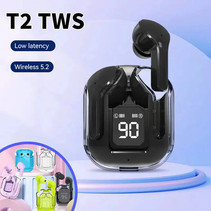 Original T2 Wireless Bluetooth Earphone Transparent HIFI Headphones LED Power Digital Display Stereo Sound Earphones