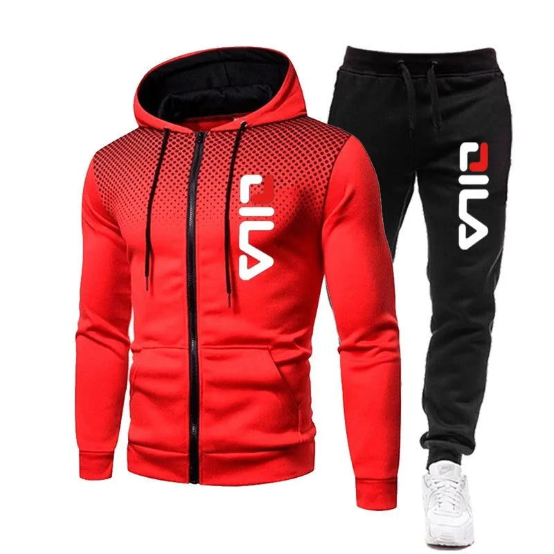 Mens Tracksuits+Sweatpants Two Pieces Suits Winter Print Zipper Hooded Sweatshirt Casual Fitness Jogging Sports Pants Sets