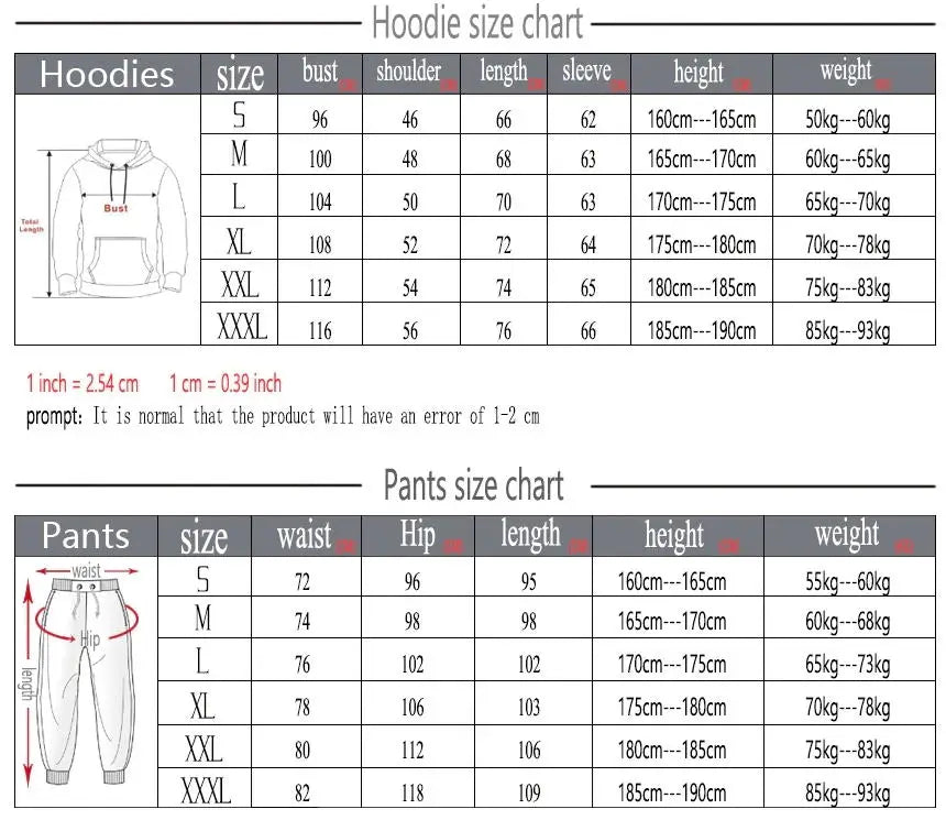 Mens Tracksuits+Sweatpants Two Pieces Suits Winter Print Zipper Hooded Sweatshirt Casual Fitness Jogging Sports Pants Sets