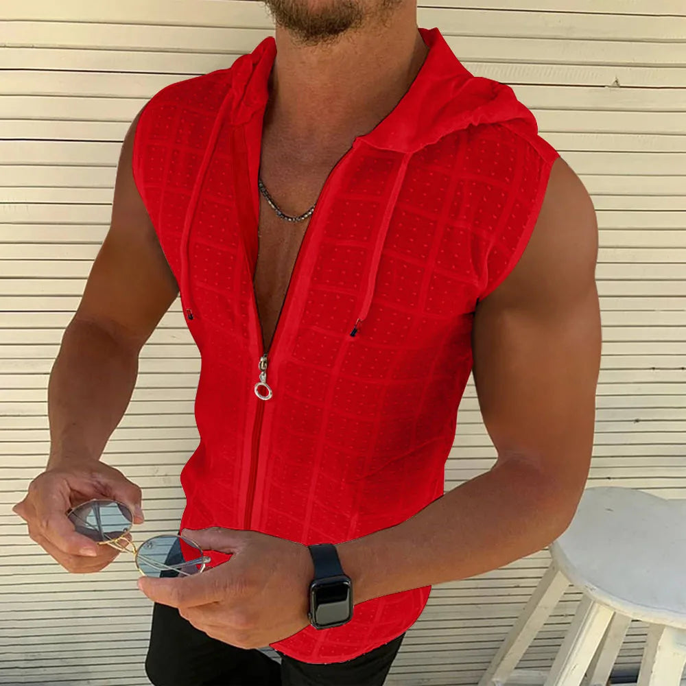 New men's fashion Summer Beach wind Sleeveless zipper hooded T-shirt Casual beach Tank hooded beach Sun-protective clothing