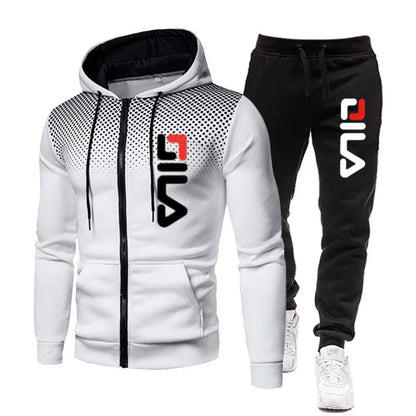 Mens Tracksuits+Sweatpants Two Pieces Suits Winter Print Zipper Hooded Sweatshirt Casual Fitness Jogging Sports Pants Sets