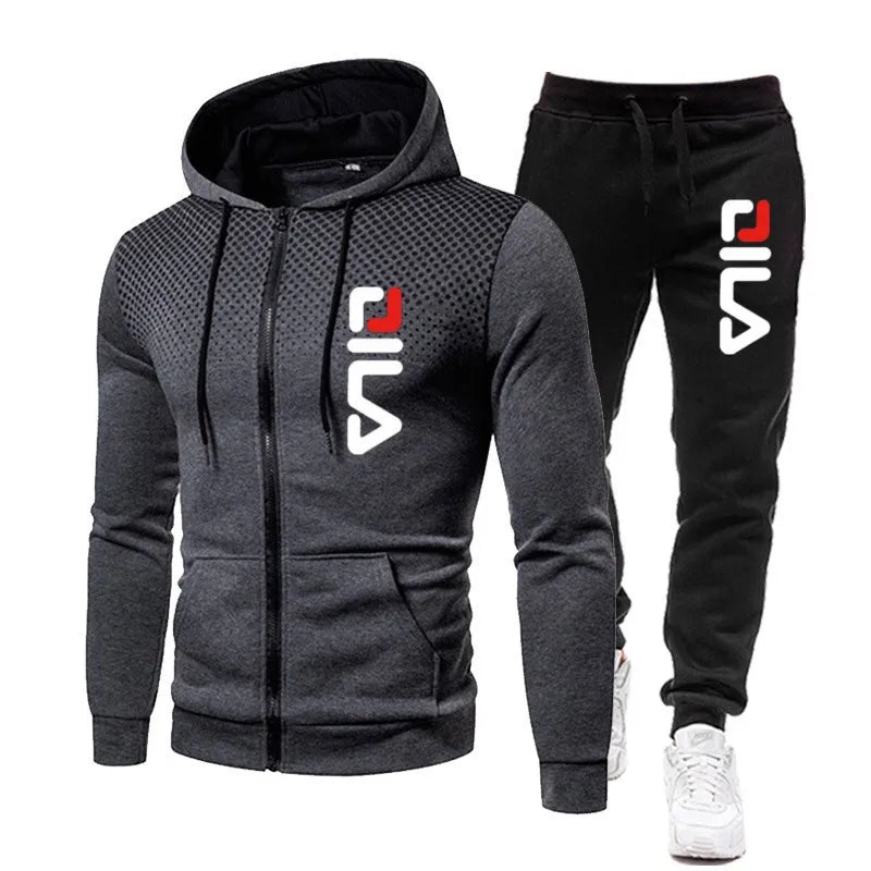 Mens Tracksuits+Sweatpants Two Pieces Suits Winter Print Zipper Hooded Sweatshirt Casual Fitness Jogging Sports Pants Sets