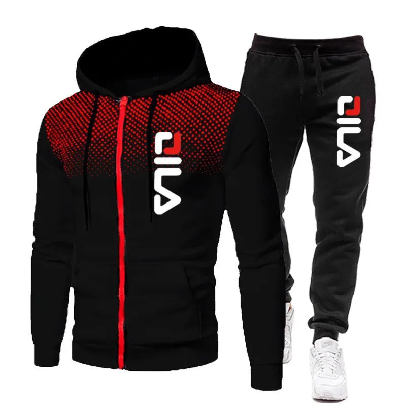 Mens Tracksuits+Sweatpants Two Pieces Suits Winter Print Zipper Hooded Sweatshirt Casual Fitness Jogging Sports Pants Sets